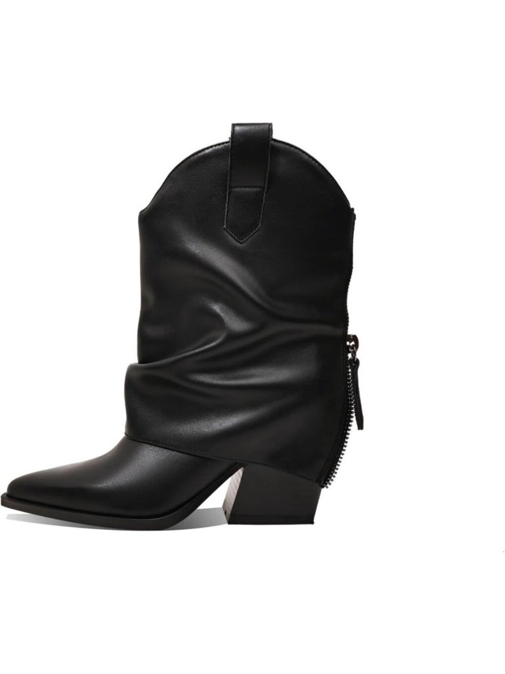 Women's Black Faux Leather Chunky Mid Heel Retro Pointed Toe Side Zipper Boots